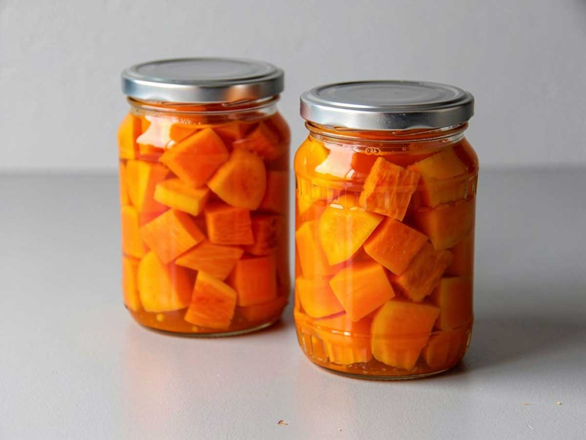 2 inmaakpotte met ingemaakte blokjes pompoen.