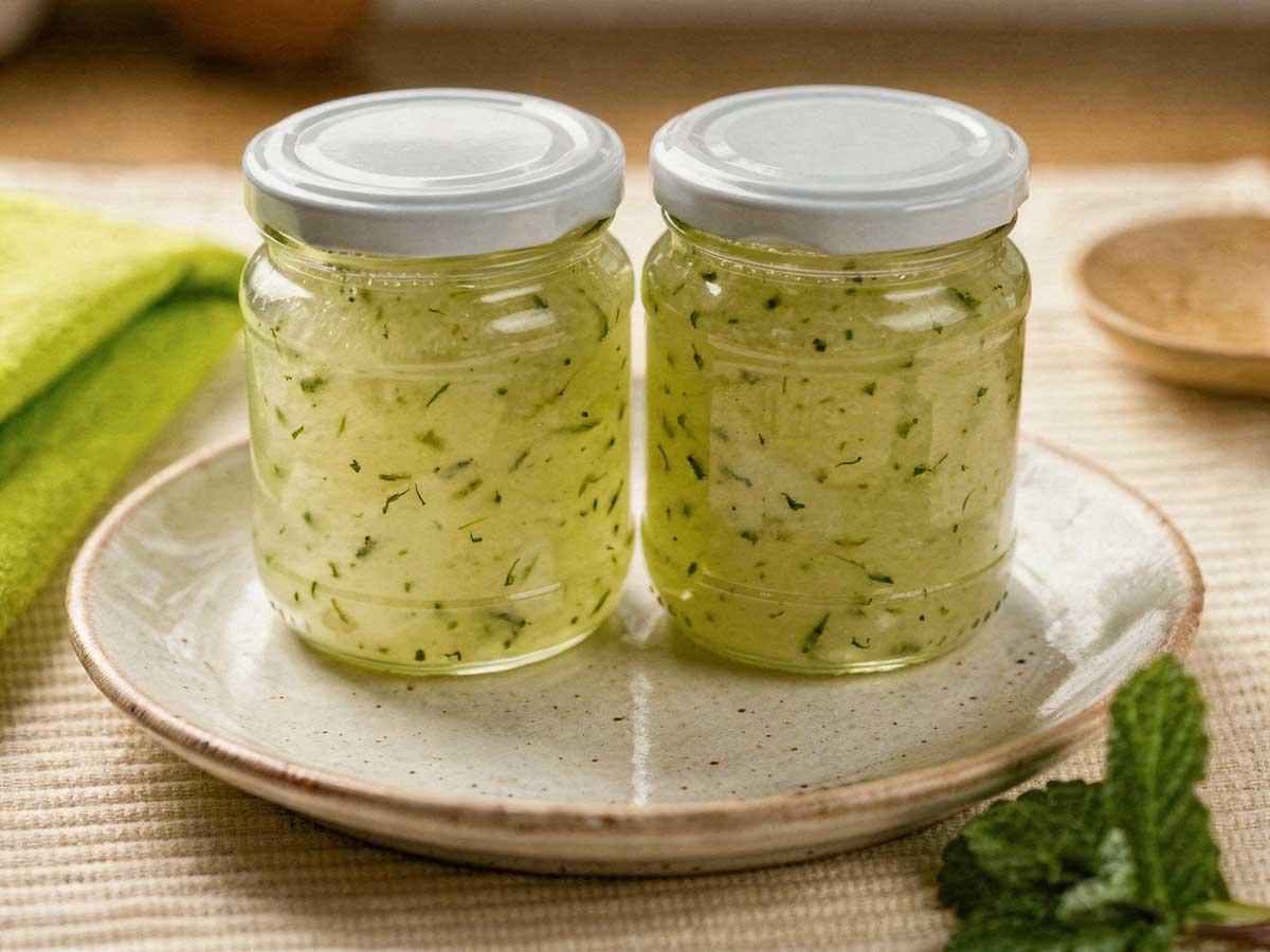 Twee jampotten met witte deksels gevuld met zelfgemaakte lichtgroene komkommerjam.