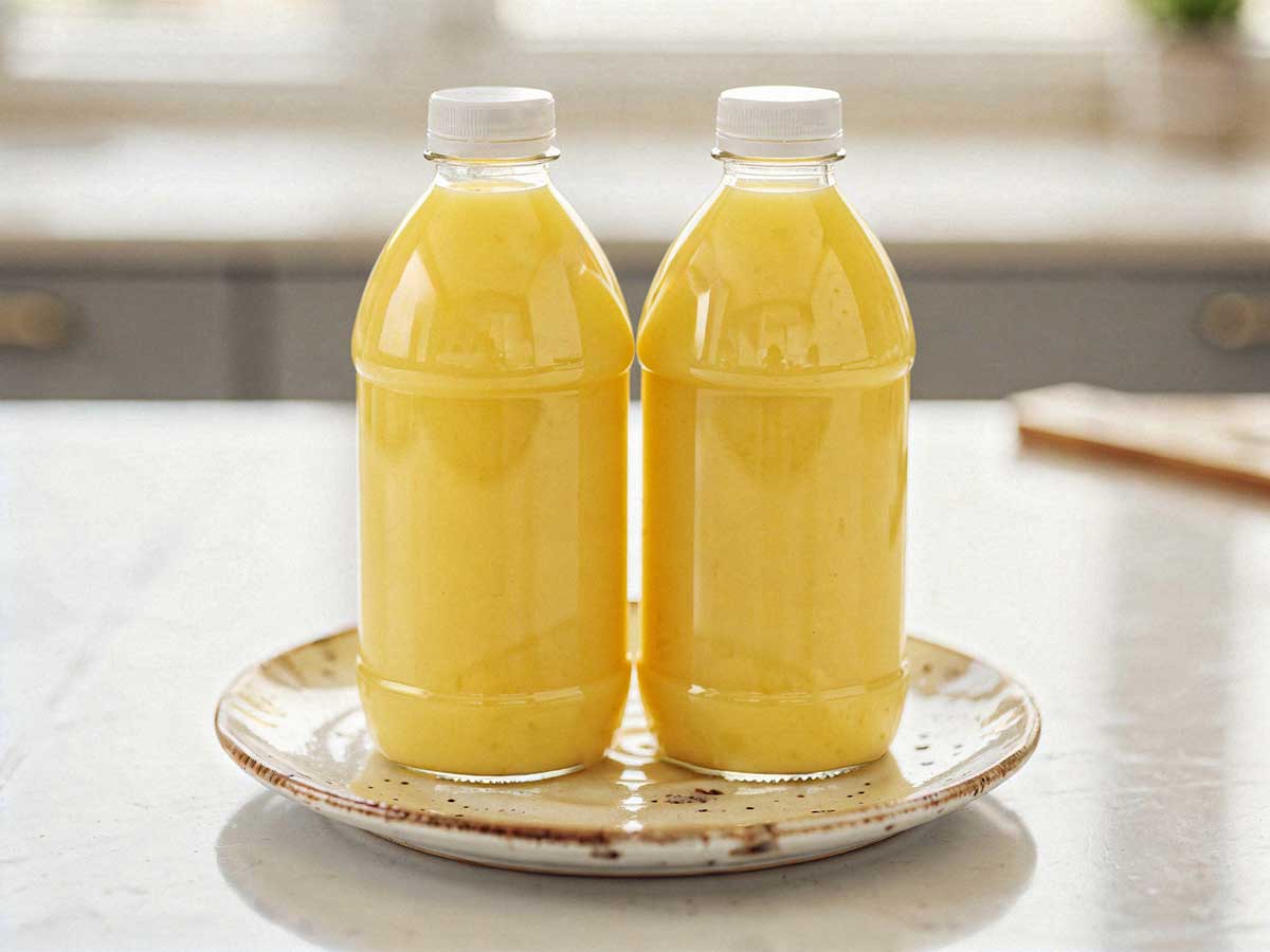 2 Flessen zelfgemaakt sinaasappelsiroop op een bordje.
