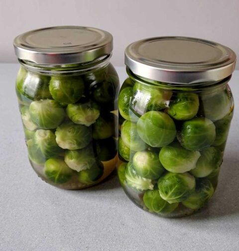 2 inmaakpotten helemaal gevuld met ingemaakte spruitjes.