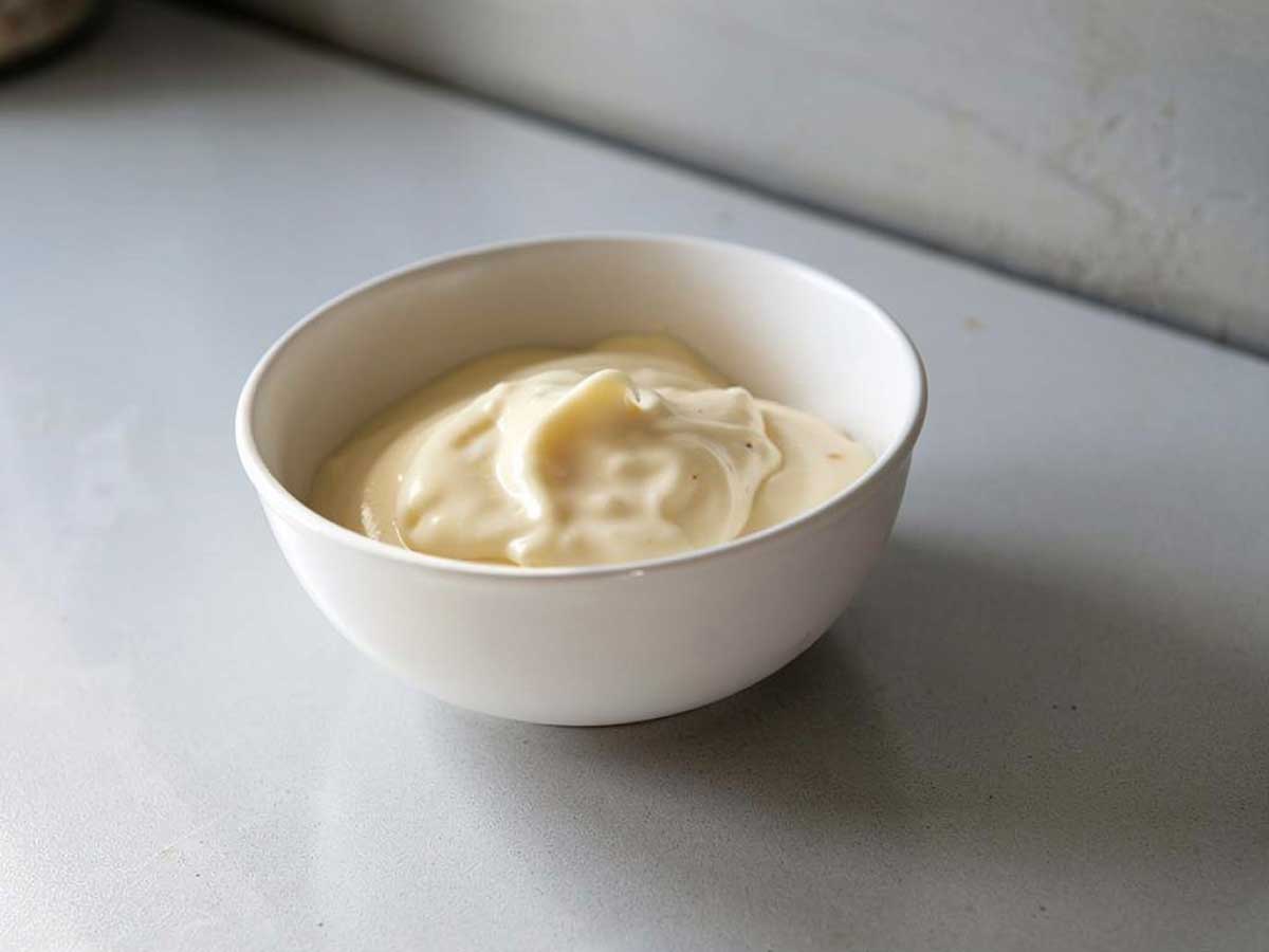 Een klein bakjes met mayonaise om te bewaren.