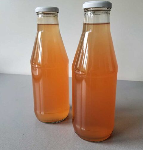 2 flessen met zelfgemaakt appel-druivensap.